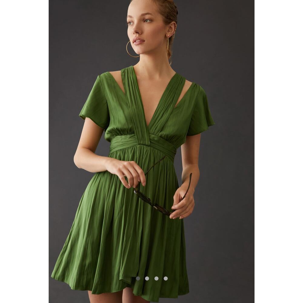 Anthropologie Deep V-Neck Vibrant Mini Dress - Green - Size 16 - Picture 5 of 9